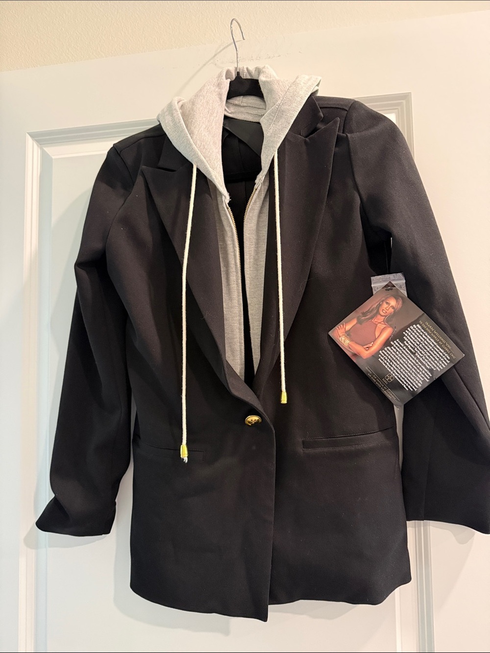 NWT Black Women's Blazer with Heather Gray removable Hoodie  Layered Look sz xs